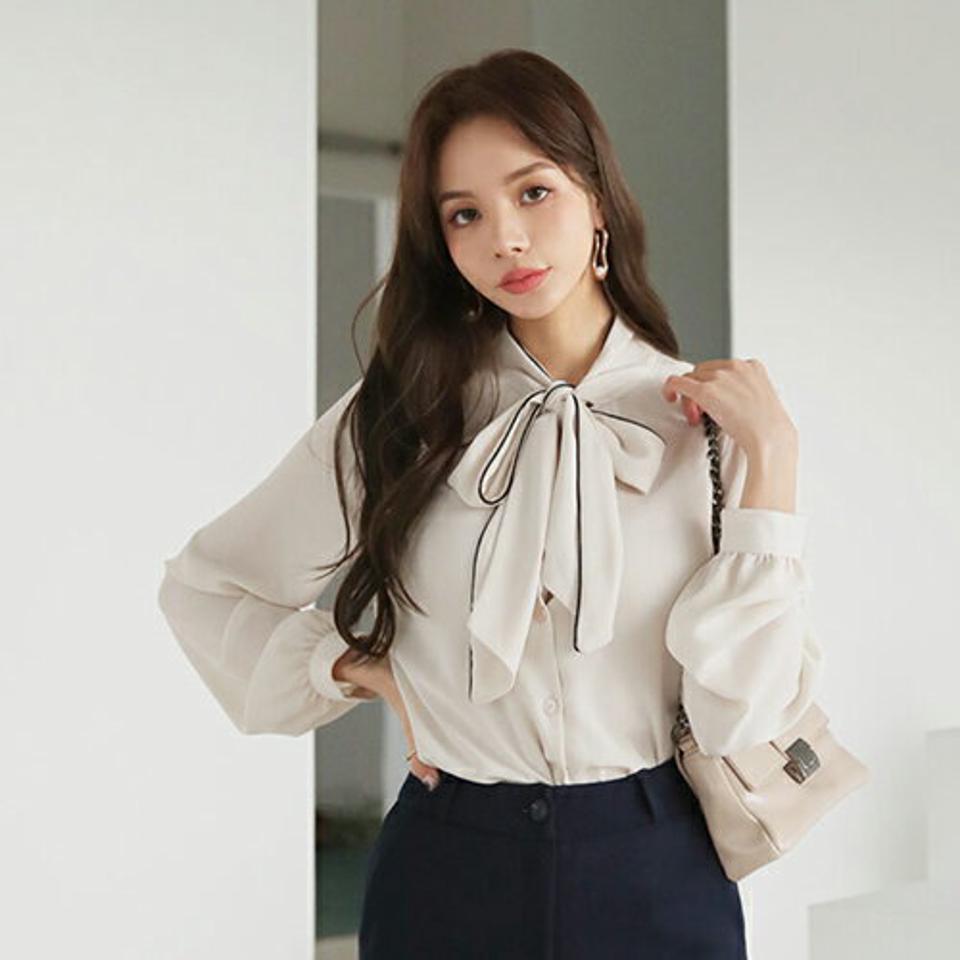 パイピングリボンブラウス・全3色・t66534 レディース 【bl】トップス ブラウス 長袖 シフォン シフォンブラウス リボン りぼん パイピング モダン シック 大人 きれいめ ボウタイ デコラティブ オケージョン 秋 冬 韓国ファッション ハイホリHIHOLLI