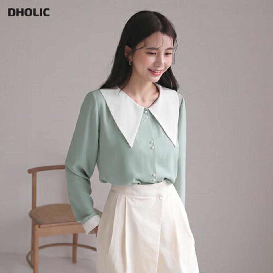 配色カラーパールボタンブラウス・全3色・62853 レディース 【bl】【韓国 ファッション トップス ブラウス 長袖 カラーネック ビッグカラー パールボタン 上品 ベーシック フェミニン カジュアル デイリー 無地 カジュアル 秋 冬】