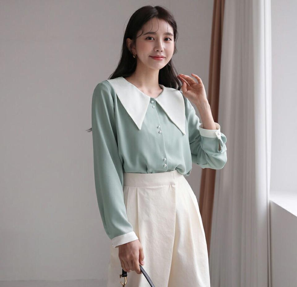 配色カラーパールボタンブラウス・全3色・62853 レディース 【bl】【韓国 ファッション トップス ブラウス 長袖 カラーネック ビッグカラー パールボタン 上品 ベーシック フェミニン カジュアル デイリー 無地 カジュアル 秋 冬】