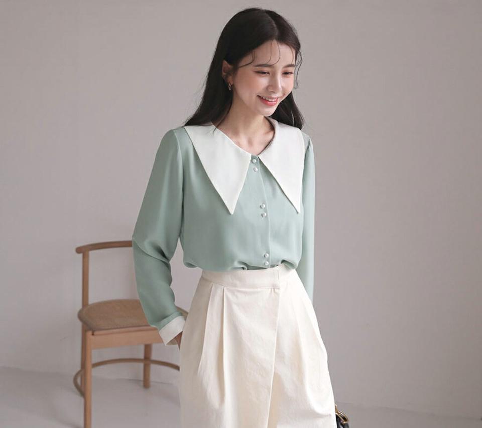 配色カラーパールボタンブラウス・全3色・62853 レディース 【bl】【韓国 ファッション トップス ブラウス 長袖 カラーネック ビッグカラー パールボタン 上品 ベーシック フェミニン カジュアル デイリー 無地 カジュアル 秋 冬】