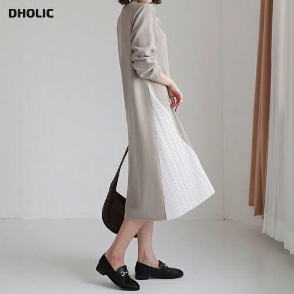 【只今10%OFF】アンバランスプリーツワンピース・全3色・b62871 レディース 【ops】【韓国 ファッション ワンピース ロング ロングワンピース 長袖 ラウンドネック アンバランス レイヤード風 異素材 体型カバー フェミニン 上品 ベーシック シンプル カジュアル 秋 冬】