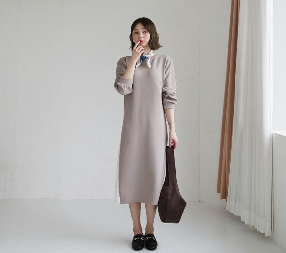 【只今10%OFF】アンバランスプリーツワンピース・全3色・b62871 レディース 【ops】【韓国 ファッション ワンピース ロング ロングワンピース 長袖 ラウンドネック アンバランス レイヤード風 異素材 体型カバー フェミニン 上品 ベーシック シンプル カジュアル 秋 冬】