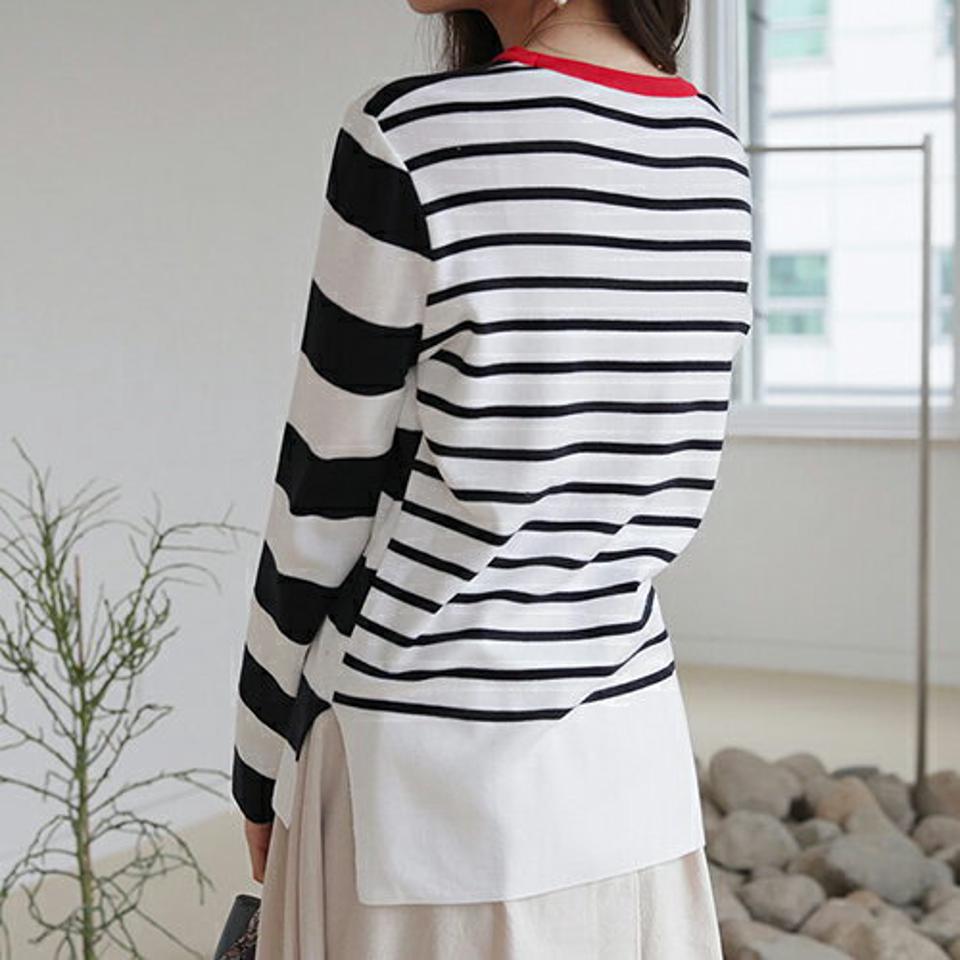 配色ボーダーニット・全3色・b66463 レディース 【tops】【トップス ニット ニットトップス 長袖 ボーダー柄 配色 カジュアル ラフ スリット アンバランス 秋 冬 韓国 ファッション】【ハイホリHIHOLLI】