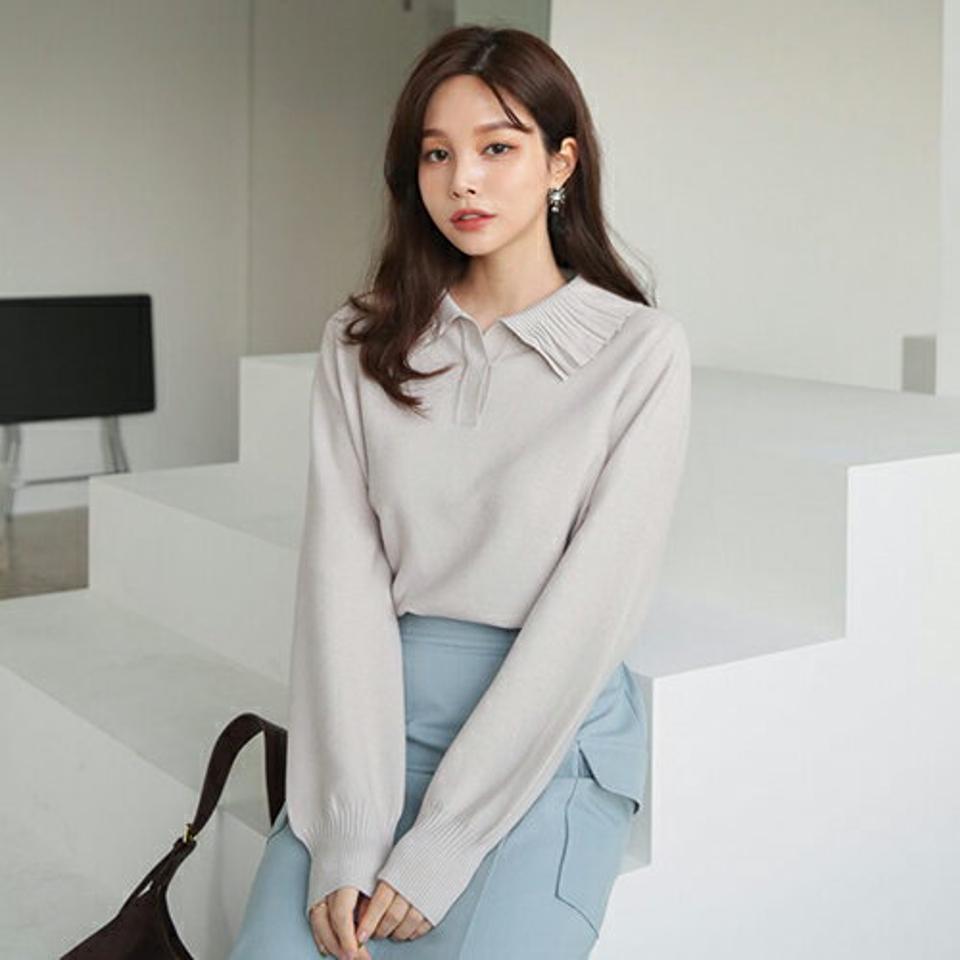 プリーツカラーニット・全3色・b66472 レディース 【tops】【トップス ニット ニットトップス 長袖 プリーツカラー シンプル カジュアル 大人 秋 冬 韓国 ファッション】【ハイホリHIHOLLI】