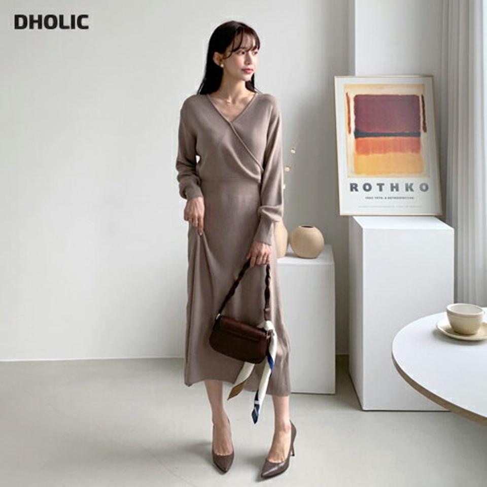 カシュクールニットワンピース・全4色・t56755 レディース 【ops】【韓国 ファッション ワンピース ロング ロングワンピース 長袖 デコルテ Vネック スリム フィット Hライン カシュクール ニットワンピース 体型カバー フェミニン 上品 ベーシック 秋 冬】