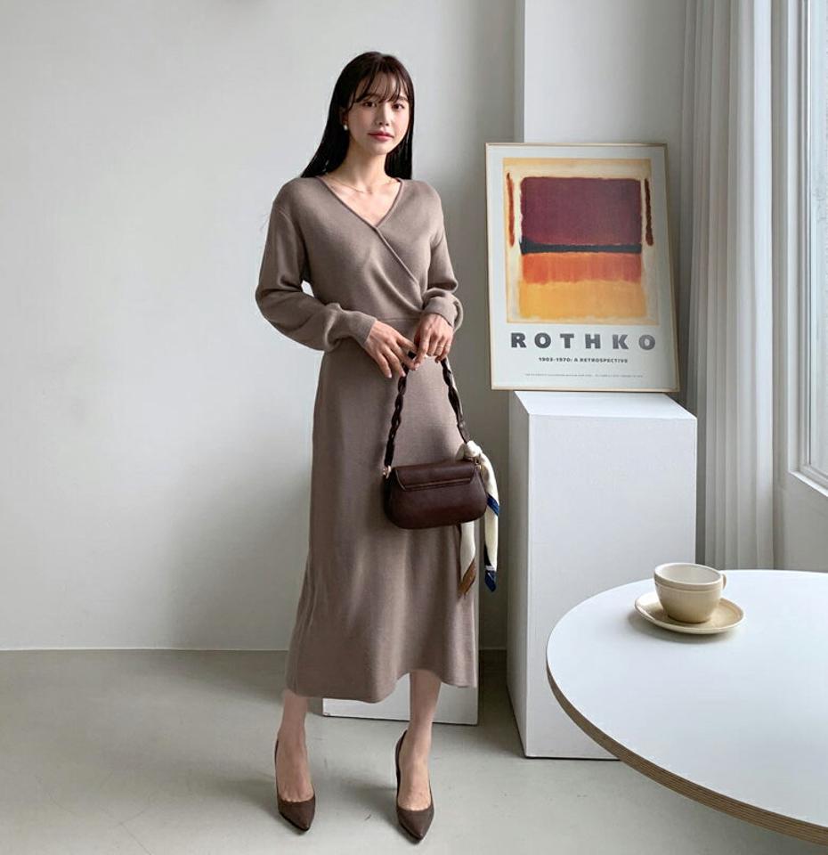 カシュクールニットワンピース・全4色・t56755 レディース 【ops】【韓国 ファッション ワンピース ロング ロングワンピース 長袖 デコルテ Vネック スリム フィット Hライン カシュクール ニットワンピース 体型カバー フェミニン 上品 ベーシック 秋 冬】