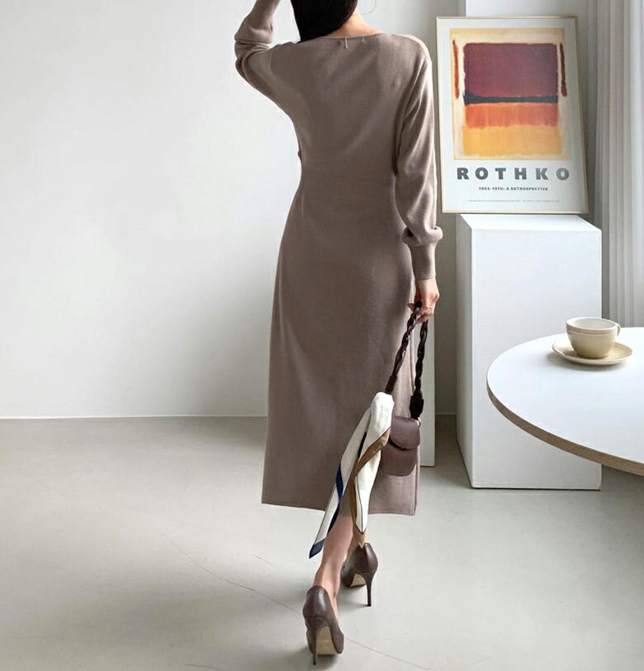 カシュクールニットワンピース・全4色・t56755 レディース 【ops】【韓国 ファッション ワンピース ロング ロングワンピース 長袖 デコルテ Vネック スリム フィット Hライン カシュクール ニットワンピース 体型カバー フェミニン 上品 ベーシック 秋 冬】