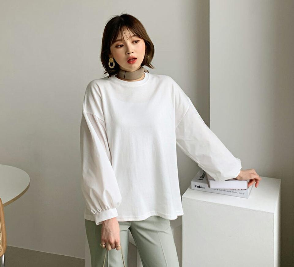 パフスリーブTシャツ・全4色・t56709 レディース 【tops】【韓国 ファッション トップス Tシャツ カットソー 長袖 ラウンドネック パフスリーブ ボリューム 体型カーバー フェミニン シンプル デイリー ベーシック カジュアル カジュアル 秋 冬】