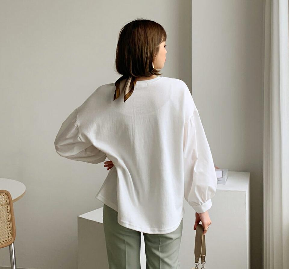 パフスリーブTシャツ・全4色・t56709 レディース 【tops】【韓国 ファッション トップス Tシャツ カットソー 長袖 ラウンドネック パフスリーブ ボリューム 体型カーバー フェミニン シンプル デイリー ベーシック カジュアル カジュアル 秋 冬】
