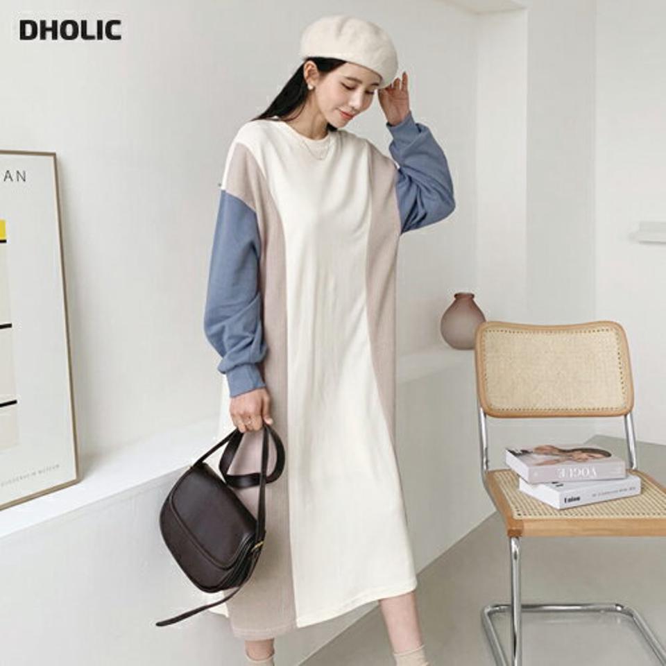 配色ロングワンピース・全3色・t56756 レディース 【ops】【韓国 ファッション ワンピース ロング ロングワンピース 長袖 ラウンドネック 異素材 カジュアル ストレートスウェット 体型カバー フェミニン 上品 ベーシック シンプル カジュアル 秋 冬】