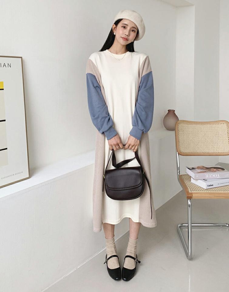 配色ロングワンピース・全3色・t56756 レディース 【ops】【韓国 ファッション ワンピース ロング ロングワンピース 長袖 ラウンドネック 異素材 カジュアル ストレートスウェット 体型カバー フェミニン 上品 ベーシック シンプル カジュアル 秋 冬】