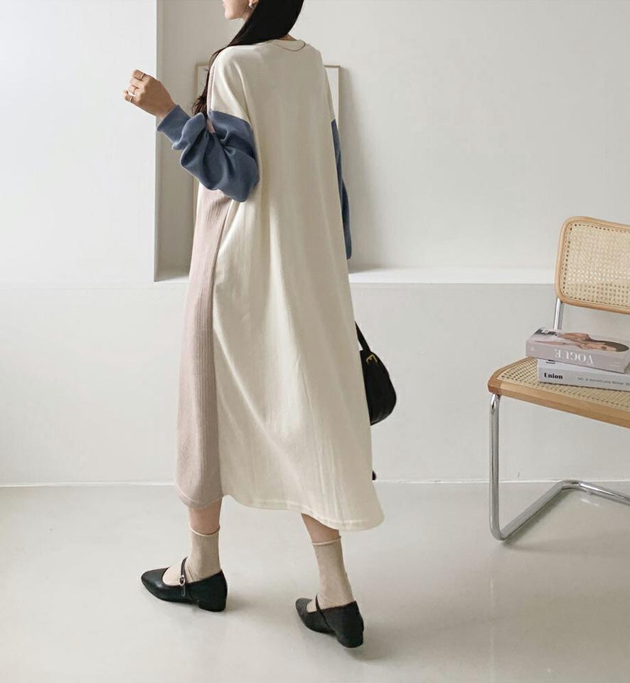 配色ロングワンピース・全3色・t56756 レディース 【ops】【韓国 ファッション ワンピース ロング ロングワンピース 長袖 ラウンドネック 異素材 カジュアル ストレートスウェット 体型カバー フェミニン 上品 ベーシック シンプル カジュアル 秋 冬】