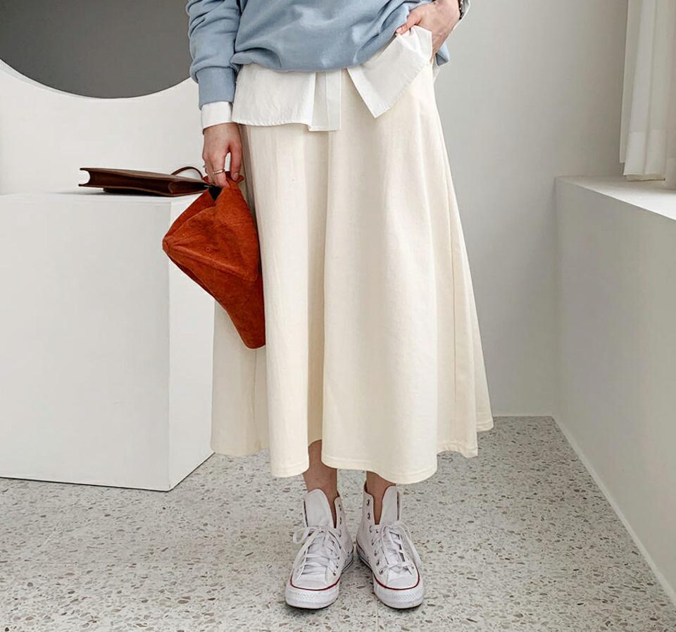 イージーフレアスカート・全4色・t56730 レディース 【sk】【韓国 ファッション ボトムス スカート ロング ウエストゴム Aライン カジュアル フェミニン シンプル スリム 体型カーバー 細身 ベーシック デイリー カジュアル 秋 冬】