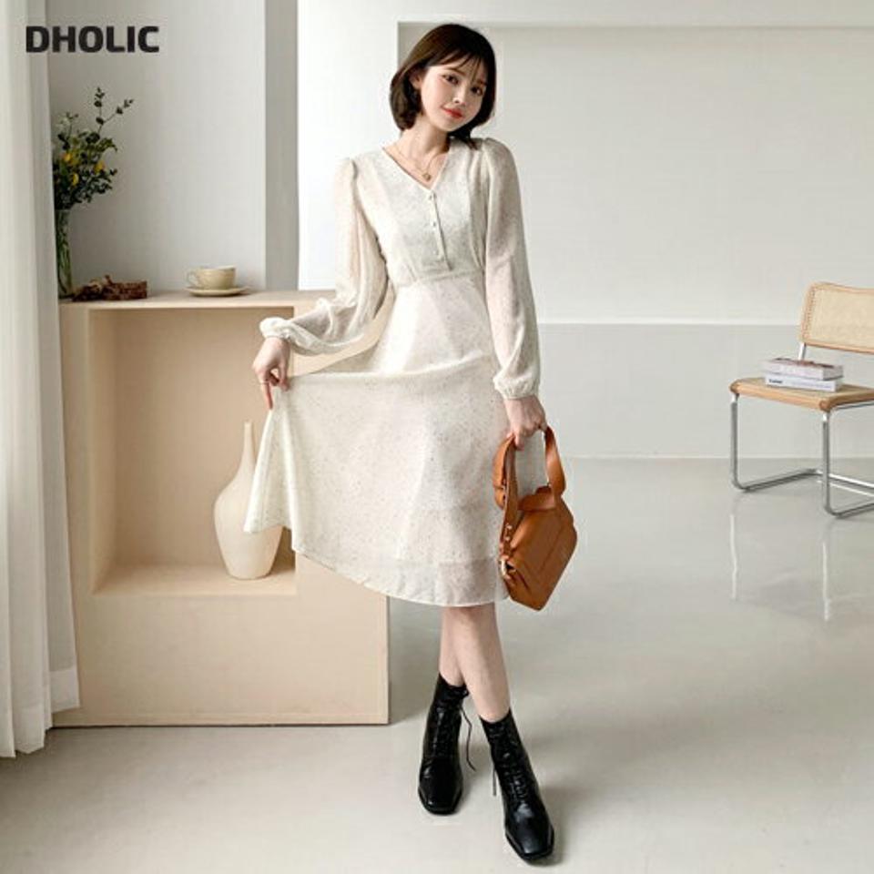 Vネックドットワンピース・全2色・t56757 レディース 【ops】【韓国 ファッション ワンピース ロング ロングワンピース 長袖 首元 Vネック シフォン カジュアル リボン 体型カバー フェミニン 上品 ベーシック シンプル カジュアル 秋 冬】