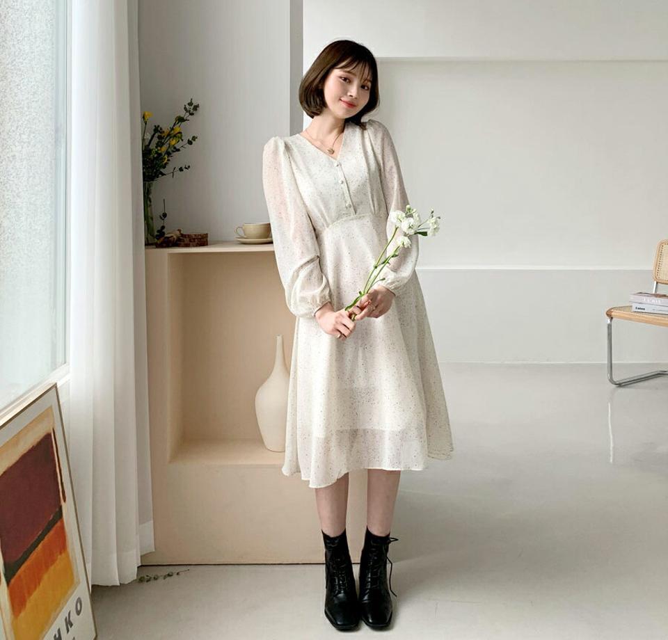 Vネックドットワンピース・全2色・t56757 レディース 【ops】【韓国 ファッション ワンピース ロング ロングワンピース 長袖 首元 Vネック シフォン カジュアル リボン 体型カバー フェミニン 上品 ベーシック シンプル カジュアル 秋 冬】