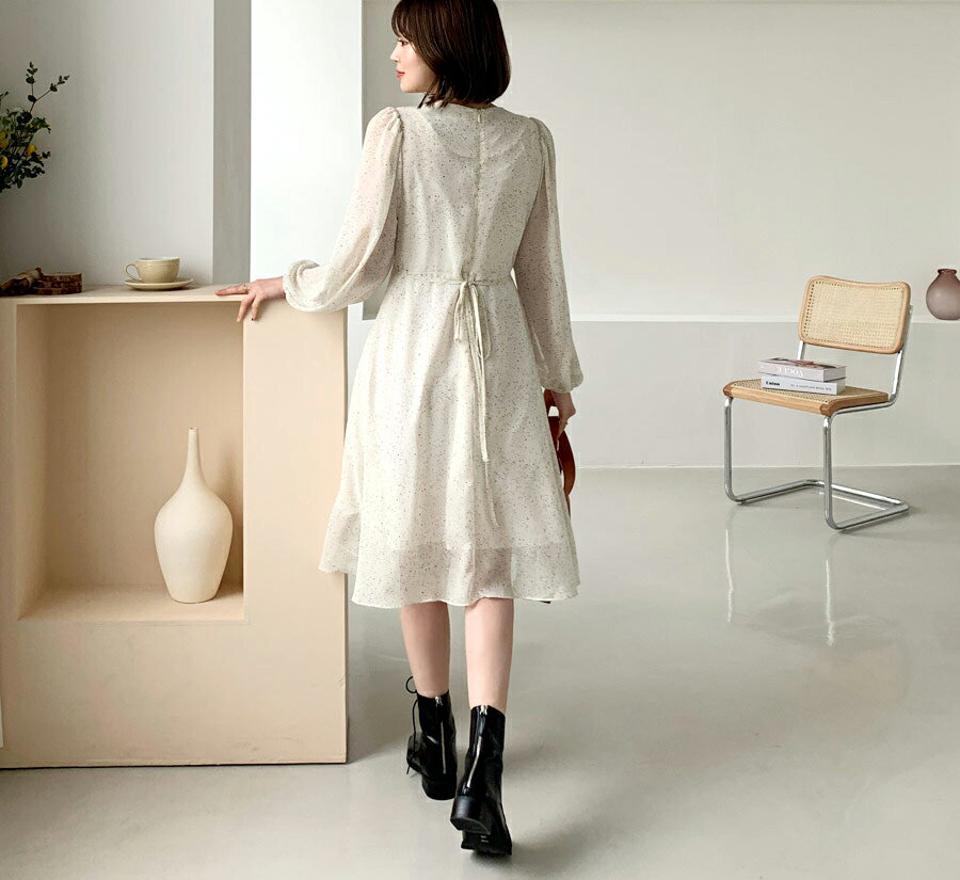 Vネックドットワンピース・全2色・t56757 レディース 【ops】【韓国 ファッション ワンピース ロング ロングワンピース 長袖 首元 Vネック シフォン カジュアル リボン 体型カバー フェミニン 上品 ベーシック シンプル カジュアル 秋 冬】