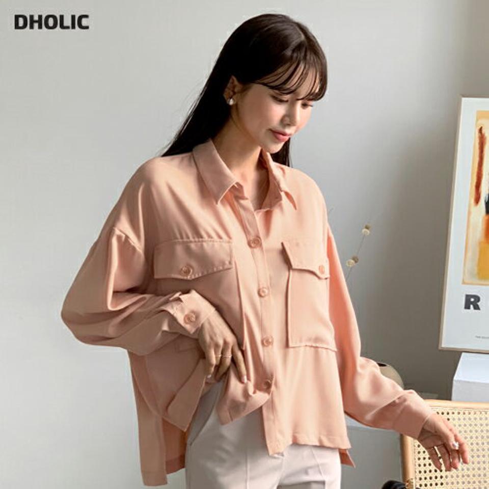 ポケットボタンブラウス・全3色・t56717 レディース 【bl】【韓国 ファッション トップス ブラウス 長袖 シャツブラウス ダブルポケット アンバランス丈 スリット ルーズ ゆったり 無地 上品 ベーシック フェミニン カジュアル デイリー カジュアル 秋 冬】