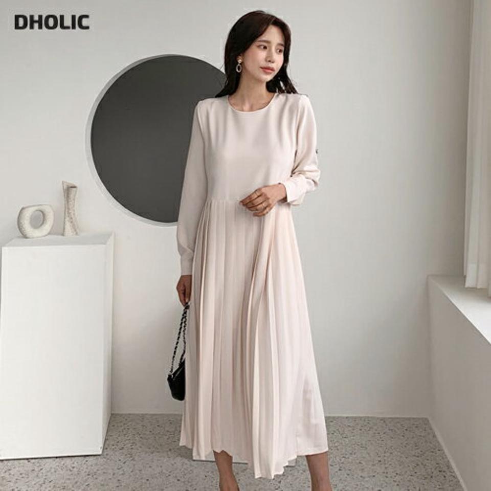 プリーツへムワンピース・全3色・t56724 レディース 【ops】【韓国 ファッション ワンピース ロング ロングワンピース 長袖 ラウンドネック プリーツ バックファスナー 体型カバー フェミニン 上品 ベーシック シンプル カジュアル 秋 冬】