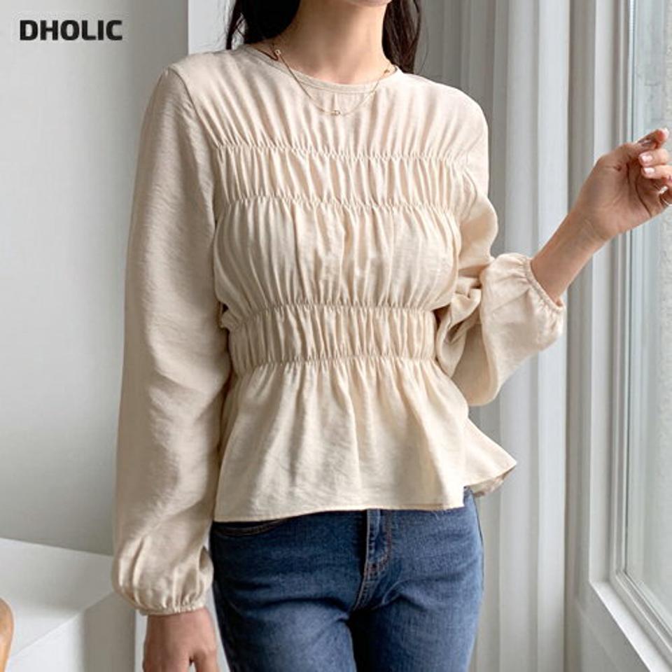 シャーリングラウンドブラウス・全3色・t56765 レディース 【bl】【韓国 ファッション トップス ブラウス 長袖 ラウンドネック ギャザー 光沢 ゆったり 無地 上品 ベーシック フェミニン カジュアル デイリー カジュアル 秋 冬】