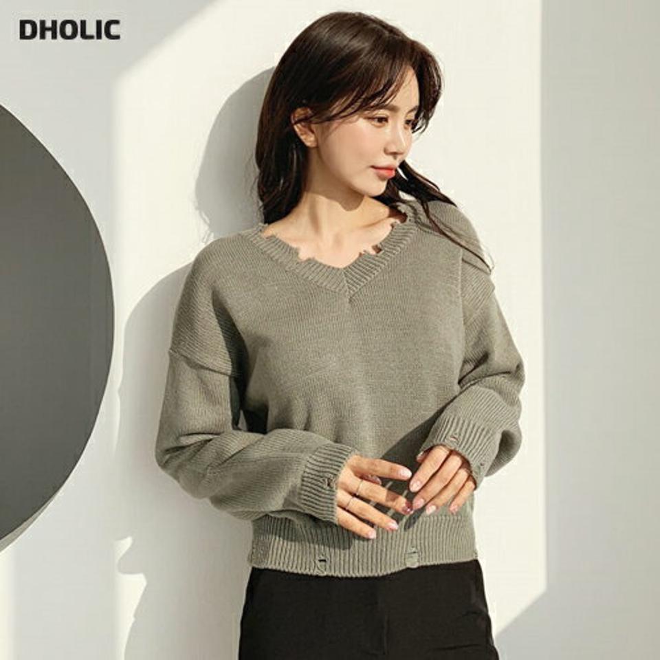 【只今10%OFF】ダメージヘムVネックニット・全4色・t56712 レディース 【tops】【韓国 ファッション トップス ニット 長袖 ぼわん袖 Vネック ダメージカット デコルテ ルーズ ユニーク 細身 体型カーバー デイリー ベーシック カジュアル シンプル カジュアル 秋 冬】【SL】