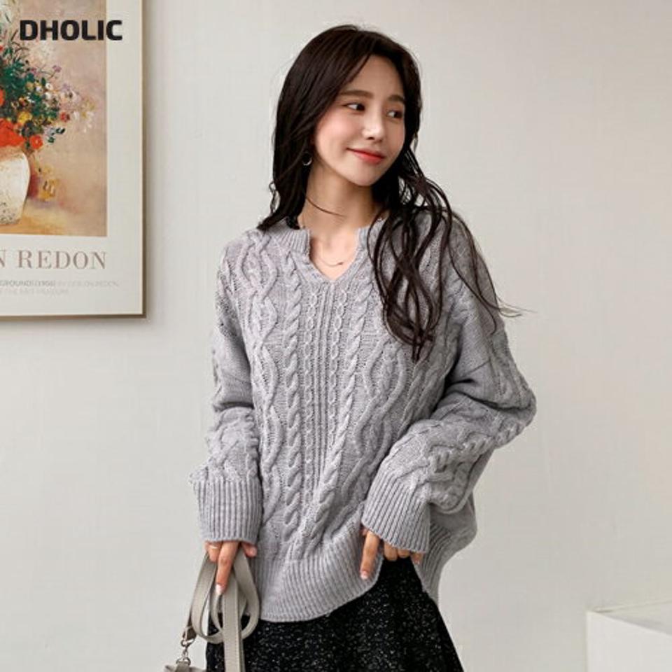 スリットネックケーブルニット・全4色・t56713 レディース 【tops】【韓国 ファッション トップス ニット 長袖 ぼわん袖 スリットネック ツイスト ルーズ やわらかい ユニーク 細身 体型カーバー デイリー ベーシック カジュアル シンプル カジュアル 秋 冬】