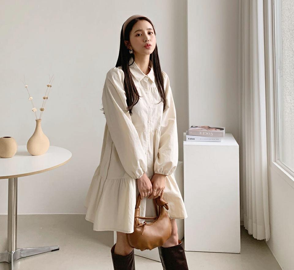 カラーティアードミニワンピース・全3色・t56719 レディース 【ops】【韓国 ファッション ワンピース ミニ ミニワンピース ギャザー ガーリー ポケット カラーネック カジュアル 体型カバー フェミニン 上品 ベーシック シンプル カジュアル 秋 冬】