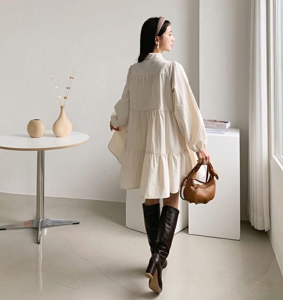 カラーティアードミニワンピース・全3色・t56719 レディース 【ops】【韓国 ファッション ワンピース ミニ ミニワンピース ギャザー ガーリー ポケット カラーネック カジュアル 体型カバー フェミニン 上品 ベーシック シンプル カジュアル 秋 冬】