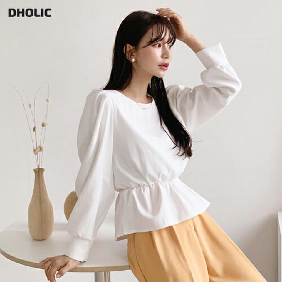 フレアブラウス・全4色・t56752 レディース 【bl】【韓国 ファッション トップス ブラウス 長袖 ラウンドネック ウエストゴム フレアブラウス 無地 上品 ベーシック フェミニン カジュアル デイリー カジュアル 秋 冬】