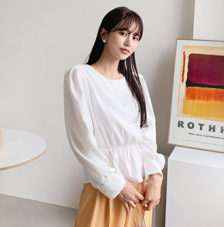 フレアブラウス・全4色・t56752 レディース 【bl】【韓国 ファッション トップス ブラウス 長袖 ラウンドネック ウエストゴム フレアブラウス 無地 上品 ベーシック フェミニン カジュアル デイリー カジュアル 秋 冬】