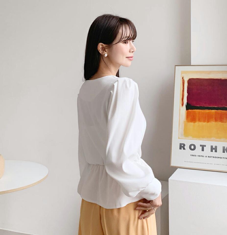 フレアブラウス・全4色・t56752 レディース 【bl】【韓国 ファッション トップス ブラウス 長袖 ラウンドネック ウエストゴム フレアブラウス 無地 上品 ベーシック フェミニン カジュアル デイリー カジュアル 秋 冬】