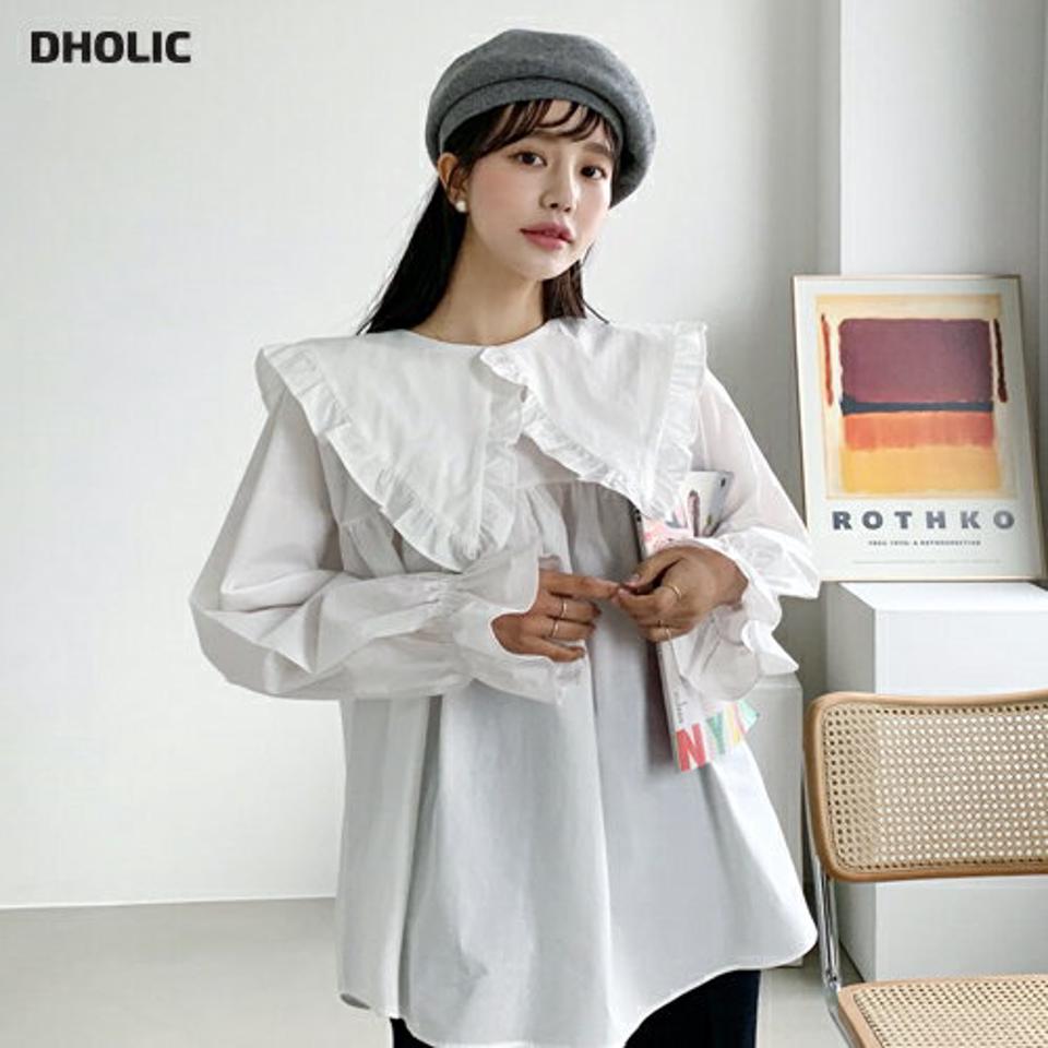 フリルビッグカラーブラウス・全2色・t56718 レディース 【bl】【韓国 ファッション トップス ブラウス 長袖 フリルネック フリル ルーズ ゆったり ギャザー ボリューム 無地 上品 ベーシック フェミニン カジュアル デイリー カジュアル 秋 冬】