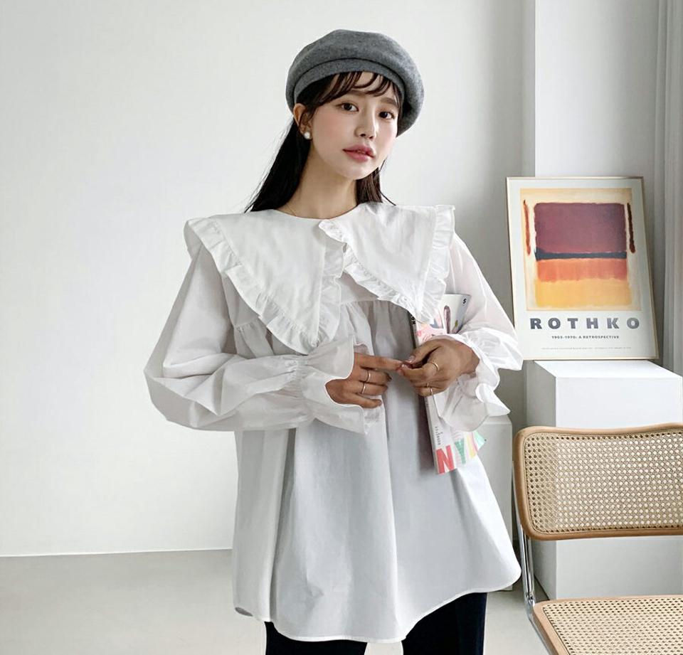 フリルビッグカラーブラウス・全2色・t56718 レディース 【bl】【韓国 ファッション トップス ブラウス 長袖 フリルネック フリル ルーズ ゆったり ギャザー ボリューム 無地 上品 ベーシック フェミニン カジュアル デイリー カジュアル 秋 冬】