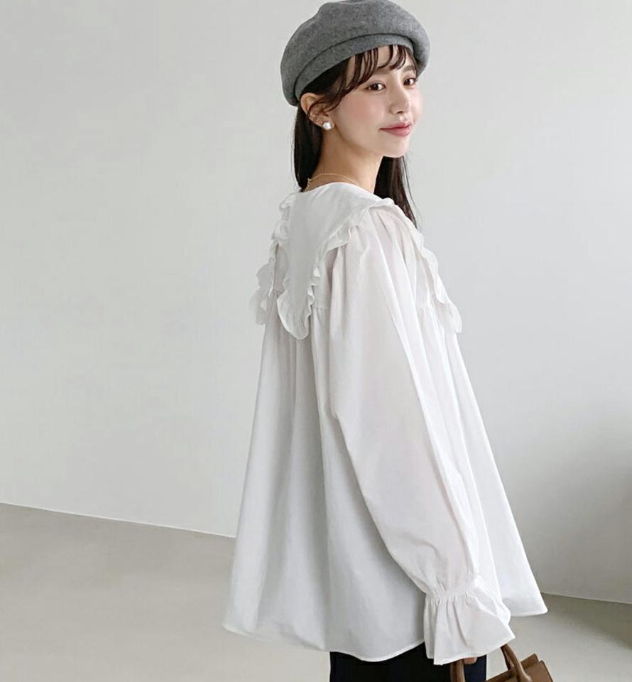 フリルビッグカラーブラウス・全2色・t56718 レディース 【bl】【韓国 ファッション トップス ブラウス 長袖 フリルネック フリル ルーズ ゆったり ギャザー ボリューム 無地 上品 ベーシック フェミニン カジュアル デイリー カジュアル 秋 冬】
