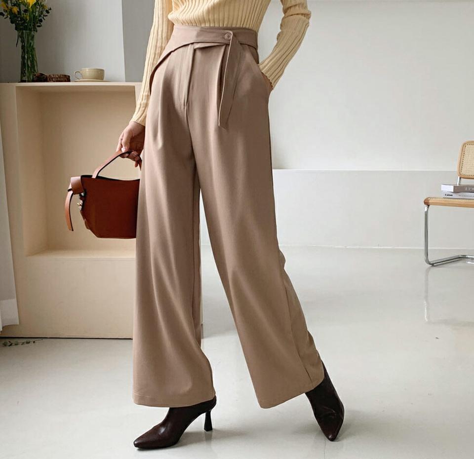 ボタンストラップスラックス・全3色・t56764 レディース 【pt】【韓国 ファッション ボトムス パンツ ロング スラックス ワイド ワイドスラックス サイドポケット ボタンストラップ 10分丈 十分丈 ストレート 無地 カジュアル 秋 冬】