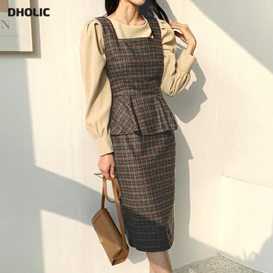 チェックフリルワンピース・全2色・b56754 レディース 【ops】【韓国 ファッション ワンピース ロング ロングワンピース スクエアネック ノースリワンピス チェック パターン Hライン フレア 体型カバー フェミニン 上品 ベーシック シンプル 秋 冬】