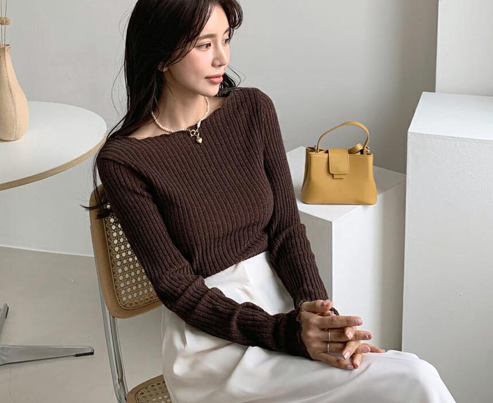 ウェーブボートネックTシャツ・全4色・t56705 レディース 【tops】【韓国 ファッション トップス Tシャツ カットソー 長袖 ボートネック デコルテ スリム 体型カーバー フェミニン シンプル デイリー ベーシック カジュアル カジュアル 秋 冬】