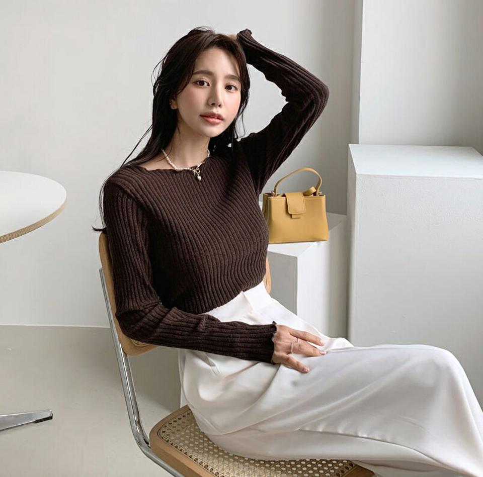 ウェーブボートネックTシャツ・全4色・t56705 レディース 【tops】【韓国 ファッション トップス Tシャツ カットソー 長袖 ボートネック デコルテ スリム 体型カーバー フェミニン シンプル デイリー ベーシック カジュアル カジュアル 秋 冬】