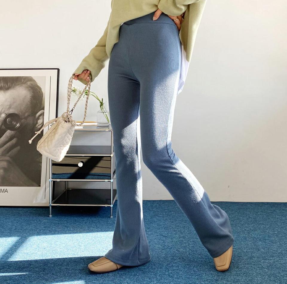 リブブーツカットパンツ・全4色・t62632 レディース 【pt】【韓国 ファッション ボトムス パンツ ロング リブ スリム ブーツカット ウエストゴム サイドポケット 細身 10分丈 十分丈 ストレート カジュアル 無地 カジュアル 秋 冬】