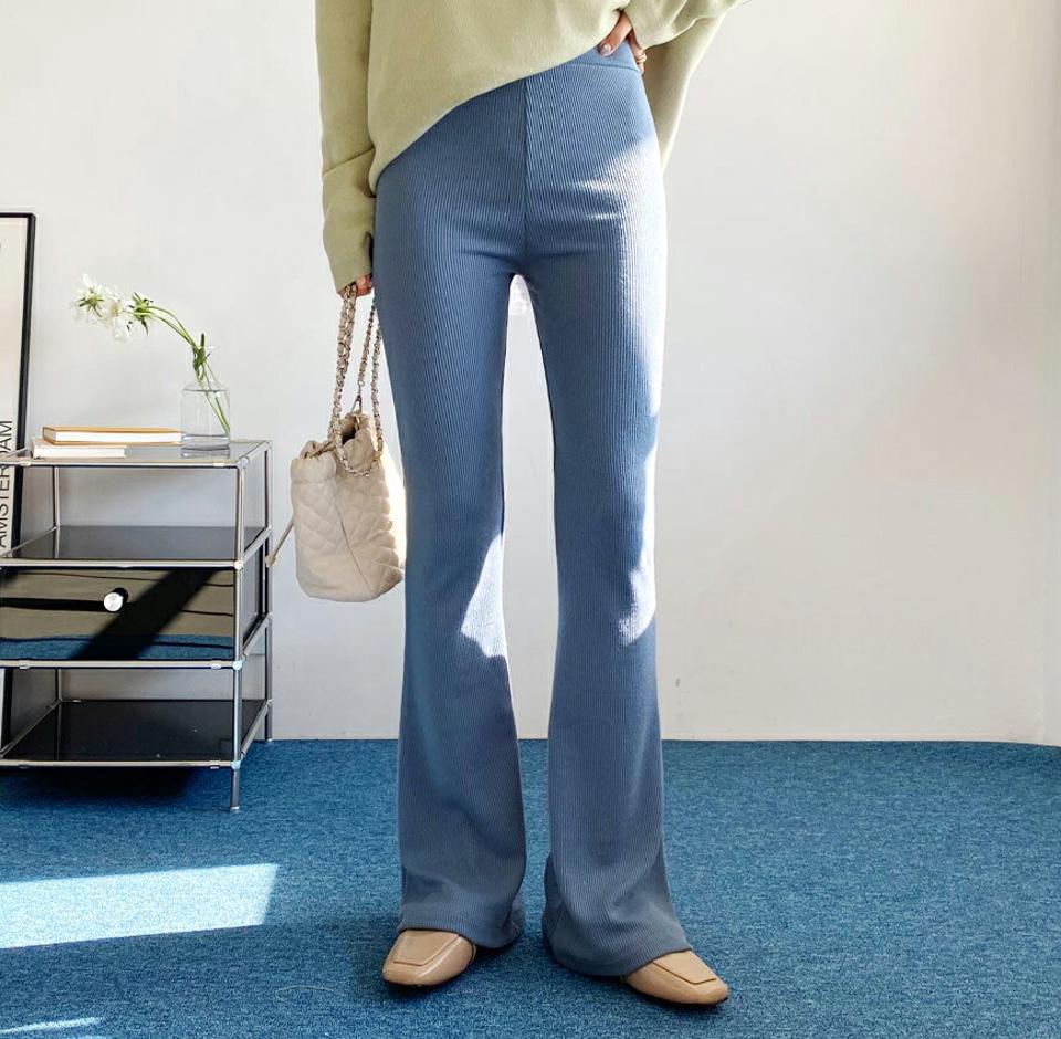 リブブーツカットパンツ・全4色・t62632 レディース 【pt】【韓国 ファッション ボトムス パンツ ロング リブ スリム ブーツカット ウエストゴム サイドポケット 細身 10分丈 十分丈 ストレート カジュアル 無地 カジュアル 秋 冬】