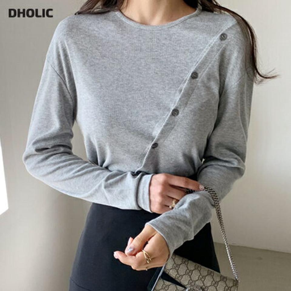 ダイアゴナルボタンTシャツ・全3色・t62603 レディース 【tops】【韓国 ファッション トップス Tシャツ カットソー 長袖 ラウンドネック スリム リブ 上品 体型カーバー フェミニン シンプル デイリー ベーシック カジュアル 秋 冬】【BT】