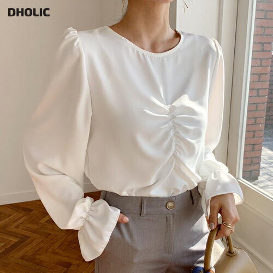 シルキーギャザーブラウス・全2色・t62610 レディース 【bl】韓国ファッション トップス ブラウス 長袖 ラウンドネック シルキー ギャザー フリル 無地 上品 ベーシック フェミニン カジュアル デイリー カジュアル 秋 冬