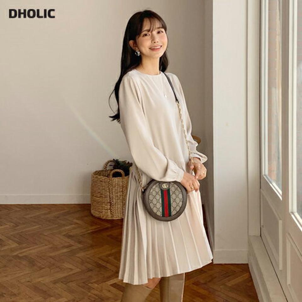 プリーツミディワンピース・全2色・b62614 レディース 【ops】【韓国 ファッション ワンピース ミディ ミディワンピース 長袖 プリーツ カジュアル 無地 体型カバー フェミニン 上品 ベーシック シンプル カジュアル 秋 冬】