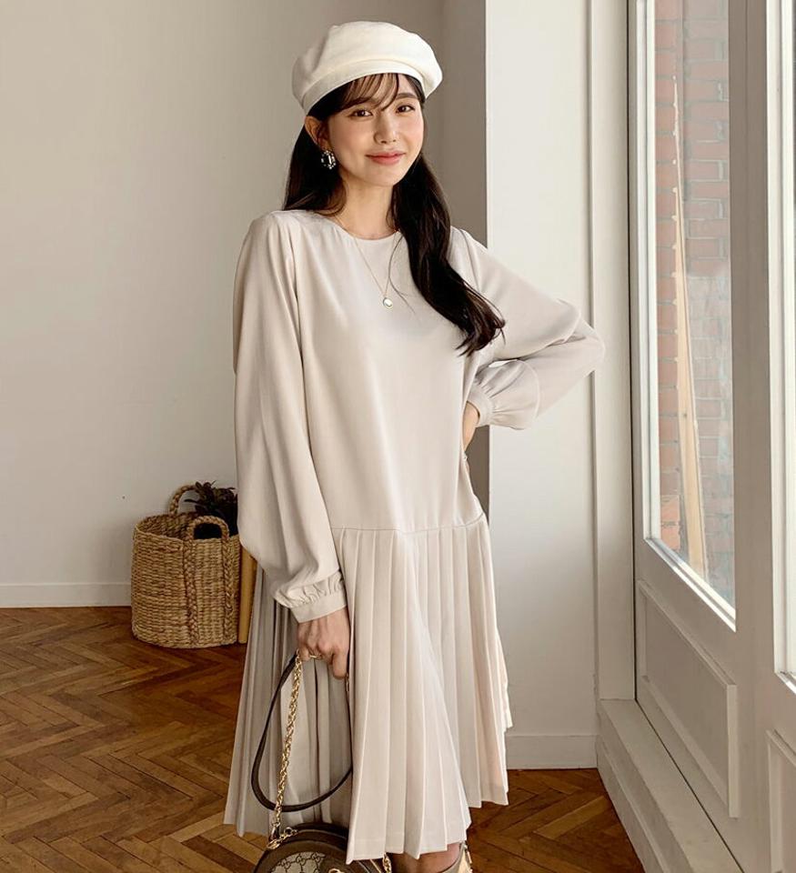 プリーツミディワンピース・全2色・b62614 レディース 【ops】【韓国 ファッション ワンピース ミディ ミディワンピース 長袖 プリーツ カジュアル 無地 体型カバー フェミニン 上品 ベーシック シンプル カジュアル 秋 冬】