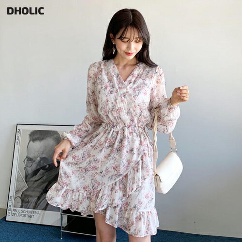 フリル花柄ミニワンピース・全3色・t62613 レディース 【ops】【韓国 ファッション ワンピース ミニ ミニワンピース 長袖 Vネック シフォン 花柄 リストリング フリル ボリューム 体型カバー フェミニン 上品 ベーシック シンプル カジュアル 秋 冬】【fw】