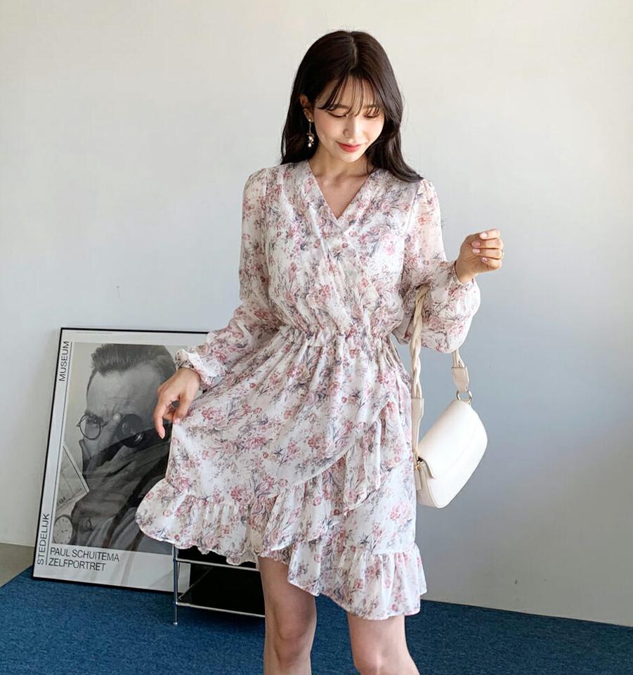 フリル花柄ミニワンピース・全3色・t62613 レディース 【ops】【韓国 ファッション ワンピース ミニ ミニワンピース 長袖 Vネック シフォン 花柄 リストリング フリル ボリューム 体型カバー フェミニン 上品 ベーシック シンプル カジュアル 秋 冬】【fw】