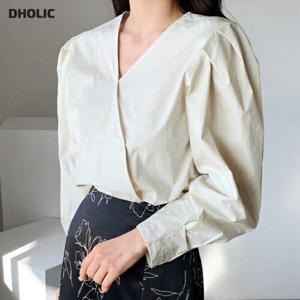 Vネックパフブラウス・全3色・t62636 レディース 【bl】【韓国 ファッション トップス ブラウス 長袖 デコルテ Vネック ボリューム 無地 上品 ベーシック フェミニン カジュアル デイリー カジュアル 秋 冬】