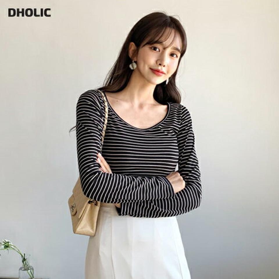 UネックボーダーTシャツ・全4色・t62600 レディース 【tops】【韓国 ファッション トップス Tシャツ カットソー 長袖 Uネック デコルテ ボーダー フィット スリム 体型カーバー フェミニン シンプル デイリー ベーシック カジュアル 秋 冬】