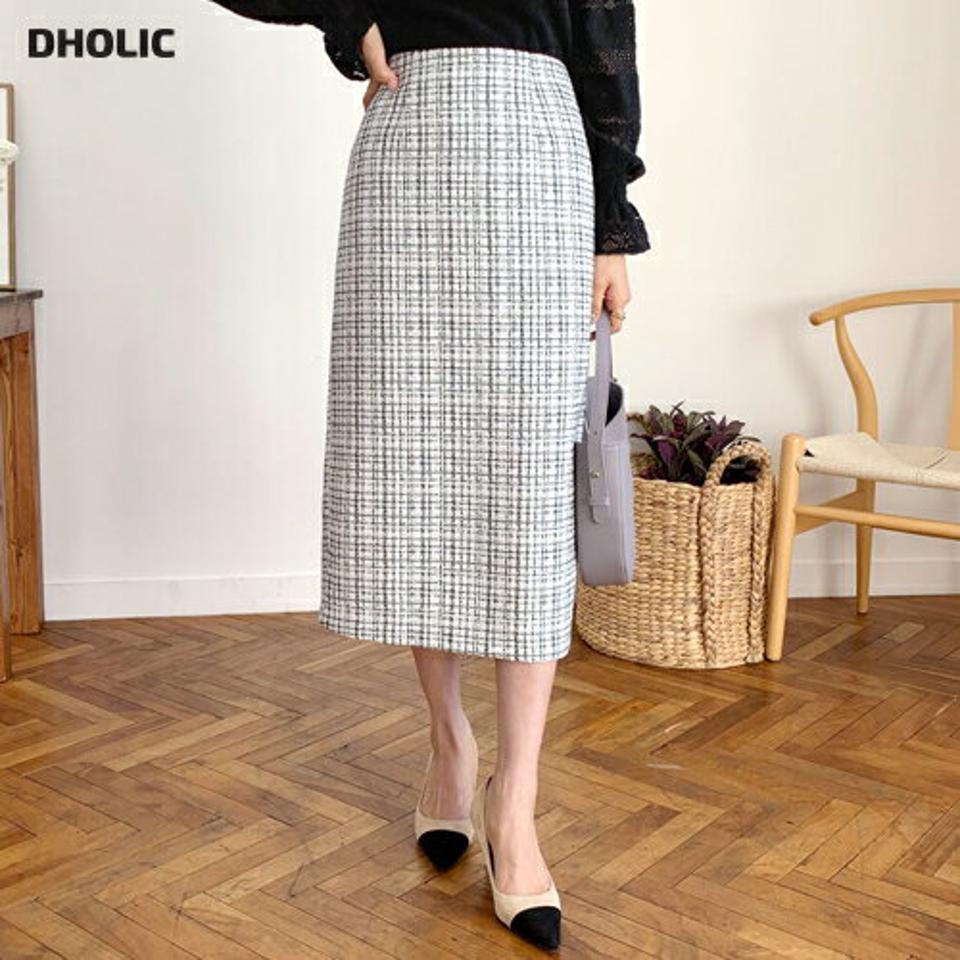 ツイードHラインスカート・全3色・t62627 レディース 【sk】【韓国 ファッション ボトムス スカート ロング Hライン ツイード チェック パターン スリット フェイクポケット 上品 細身 カジュアル フェミニン シンプル スリム 体型カーバー カジュアル 秋 冬】