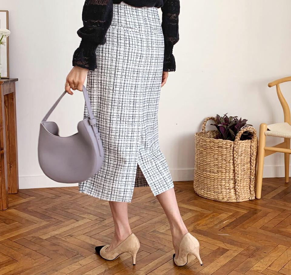 ツイードHラインスカート・全3色・t62627 レディース 【sk】【韓国 ファッション ボトムス スカート ロング Hライン ツイード チェック パターン スリット フェイクポケット 上品 細身 カジュアル フェミニン シンプル スリム 体型カーバー カジュアル 秋 冬】