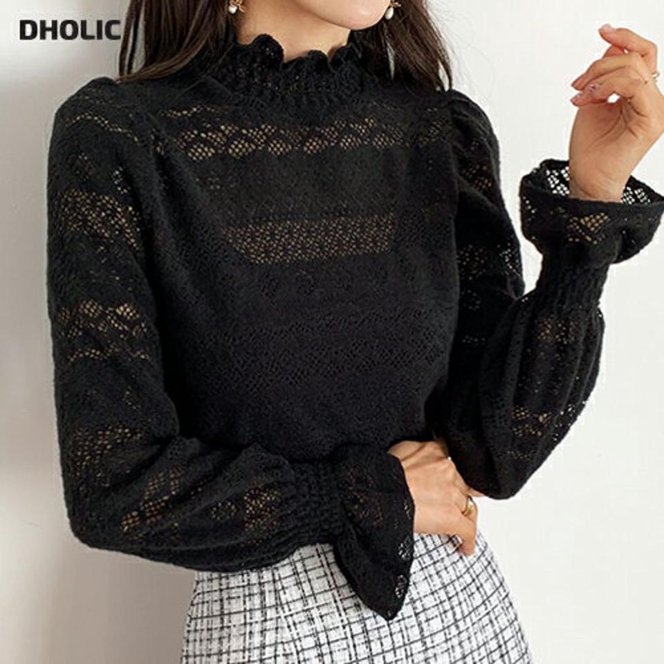 【只今10%OFF】起毛シャーリングレースブラウス・全3色・b62608 レディース 【bl】【韓国 ファッション トップス ブラウス 長袖 ハイネック 起毛 パターン レース シャーリング フリル 無地 上品 ベーシック フェミニン カジュアル デイリー カジュアル 秋 冬】